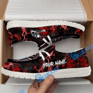 BlueJose Billiards Ball 8 Fire Skull US Flag Red White Canvas Loafer Shoes