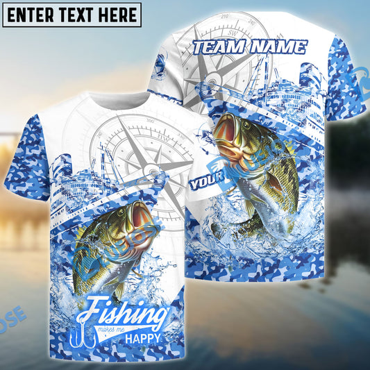 Bluejose Bass Fishing Blue Camouflage Compass Hook Design Pattern Custom Name & Team Name 3D Shirts