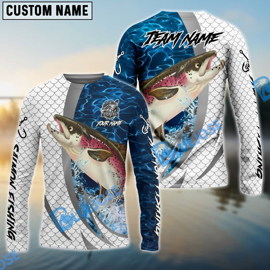 Bluejose Salmon Silver Scale Pattern Realistic Jumping Fish Water Splash Custom Name & Team Name 3D Shirts