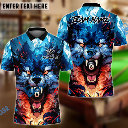 BlueJose Billiards 8 Ball Wolf Double Flame Personalized Name, Team Name Unisex Shirt (4 Colors)