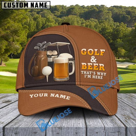 BlueJose Golf And Beer Funny Golf Cap, Personalized Name Pattern 3D Classic Cap