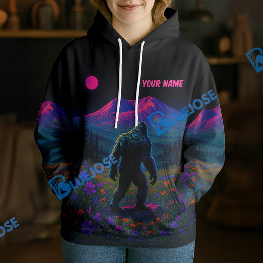 BlueJose Personalized Neon Mountain Bigfoot Camping Hoodie