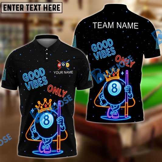 BlueJose Billiards 8-Ball Good Vibes Neon Crown Personalized Name Shirt (4 Colors)