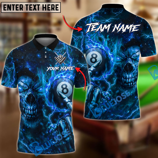 BlueJose Billiards 8-Ball Skull Lightning Customized Name, Team Name 3D Shirt (4 Colors)