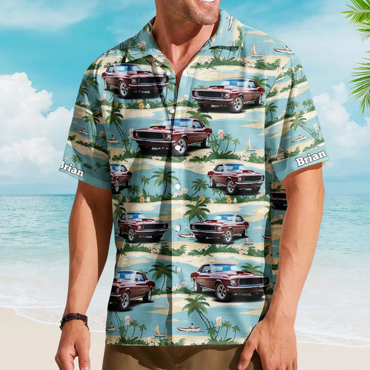 Custom Car Photo Beach Palm Tree Vintage Aloha Shirts - Custom Photo Hawaiian