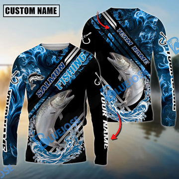 Bluejose Salmon Fishing Blue Smoke Water Pattern Custom Name & Team Name 3D Shirts