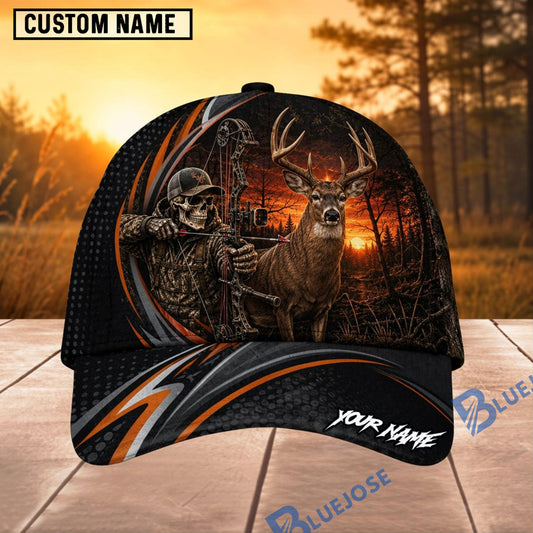 BlueJose Hunting Orange Stripe Skull Archer and Deer Sunset Design Personalized 3D Cap (9 animals)