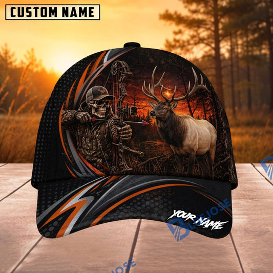 BlueJose Hunting Orange Stripe Skull Archer and Deer Sunset Design Personalized 3D Cap (9 animals)