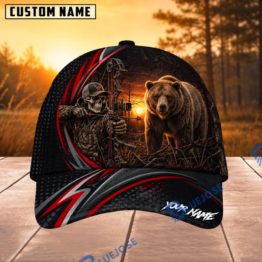 BlueJose Hunting Red Stripe Skull Archer and Deer Sunset Design Personalized 3D Cap (9 animals)