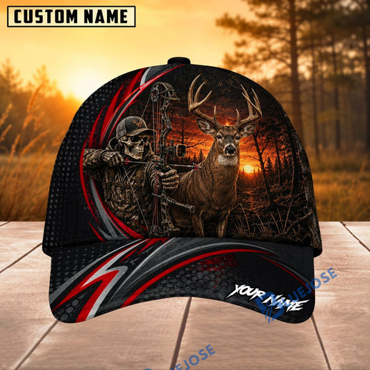 BlueJose Hunting Red Stripe Skull Archer and Deer Sunset Design Personalized 3D Cap (9 animals)