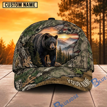 BlueJose Bear Hunting Forest Black Bear Personalized Name 3D Cap