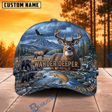 BlueJose Deer Hunting Wander Deeper Deer Scenic Personalized Name 3D Cap
