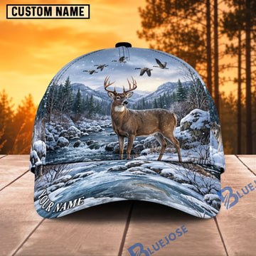 BlueJose Deer Hunting Winter Snow Deer Personalized Name 3D Cap