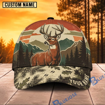 BlueJose Deer Hunting Vintage Sunset Mountain Buck Personalized Name 3D Cap