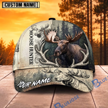 BlueJose Moose Hunting Wilderness Sketch Personalized Name 3D Cap