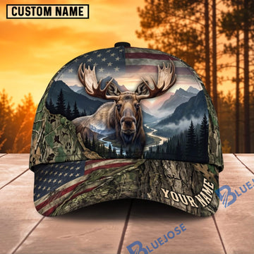 BlueJose Deer Hunting Mountain Forest American Flag Personalized Name 3D Cap