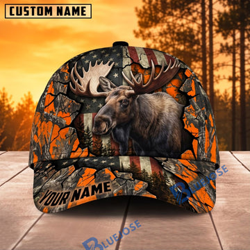 BlueJose Moose Hunting American Flag Orange Crack Camo Personalized Name 3D Cap