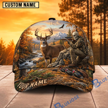 BlueJose Deer Hunting Autumn Mountain Wilderness Personalized Name 3D Cap