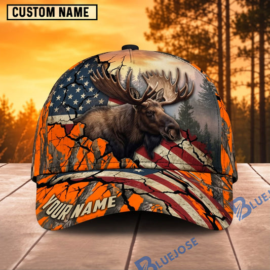 BlueJose Moose Hunting American Flag Orange Camo Personalized Name 3D Cap