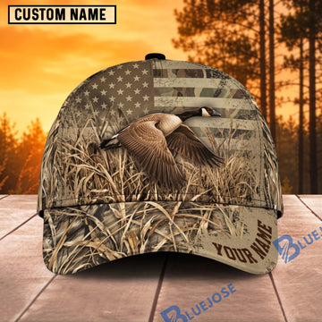 BlueJose Duck Hunting Marsh American Flag Camo Personalized Name 3D Cap