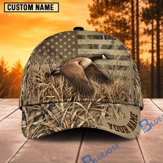 BlueJose Duck Hunting Marsh American Flag Camo Personalized Name 3D Cap