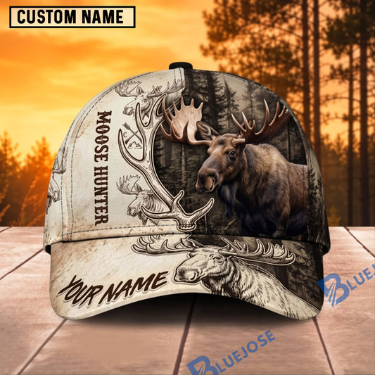 BlueJose Moose Hunting Vintage Wildlife Sketch Personalized Name 3D Cap