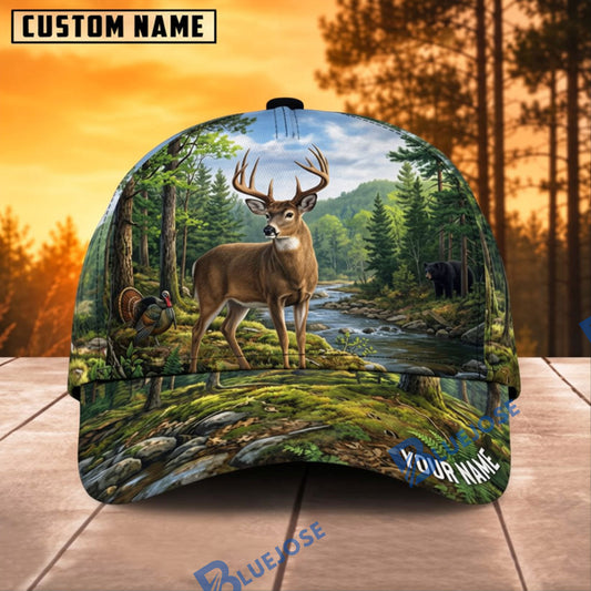 BlueJose Hunting Forest Stream Buck Personalized Name 3D Cap (9 animals)