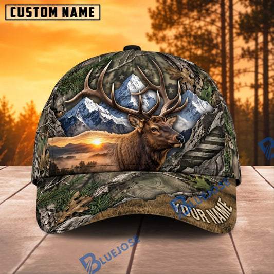 BlueJose Deer Hunting Mountain Sunset Wilderness Personalized Name 3D Cap