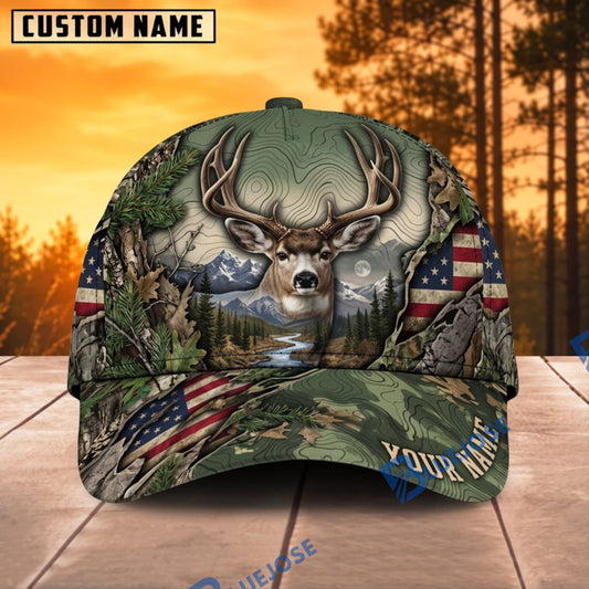 BlueJose Deer Hunting Buck Skull American Flag Camo Personalized Name 3D Cap
