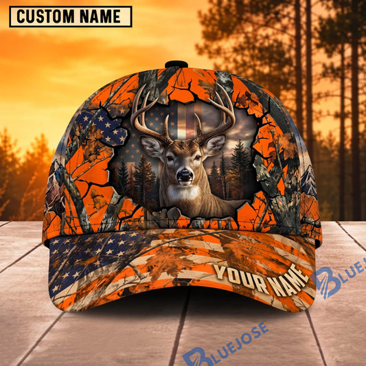 BlueJose Deer Hunting American Flag Orange Crack Camo Personalized Name 3D Cap