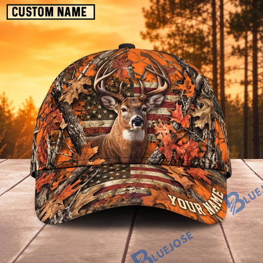 BlueJose Deer Hunting Autumn Leaves Orange Camo Personalized Name 3D Cap