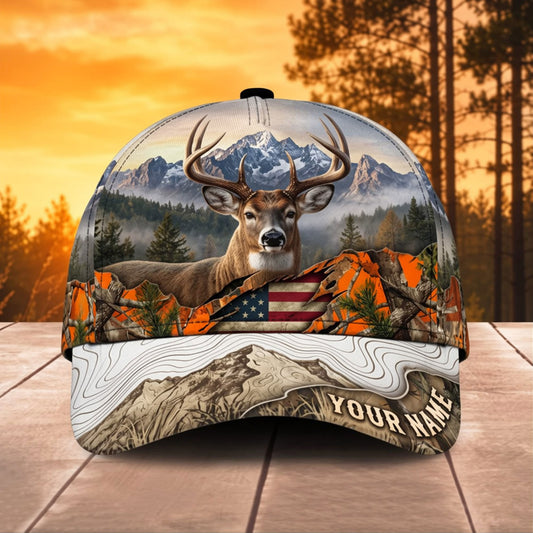 BlueJose Deer Hunting Winter Mountain Orange Camo Personalized Name 3D Cap