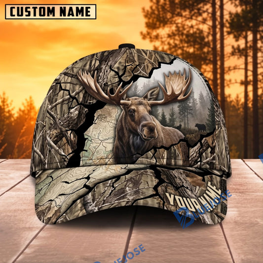 BlueJose Moose Hunting Cracked Woodland Forest Camo Personalized Name 3D Cap