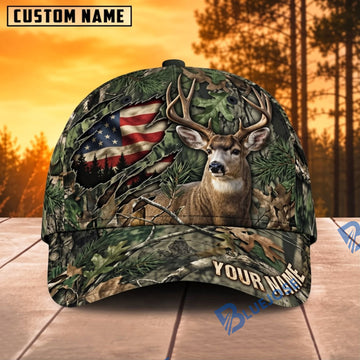 BlueJose Deer Hunting American Flag Green Woodland Camo Personalized Name 3D Cap