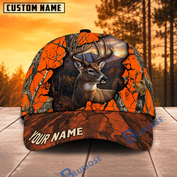 BlueJose Deer Hunting Blaze Orange Cracked Camo Sunset Personalized Name 3D Cap