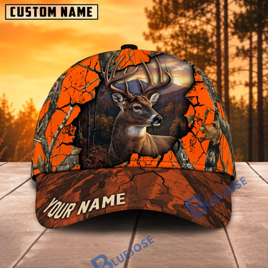 BlueJose Deer Hunting Blaze Orange Cracked Camo Sunset Personalized Name 3D Cap