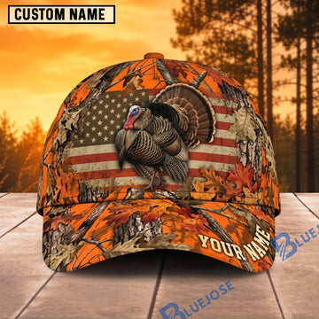 BlueJose Turkey Hunting American Flag Orange Camo Personalized Name 3D Cap