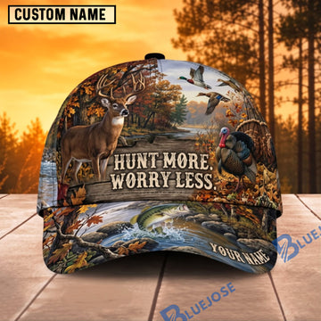 BlueJose Deer Hunting Hunt More Worry Less Wilderness Personalized Name 3D Cap