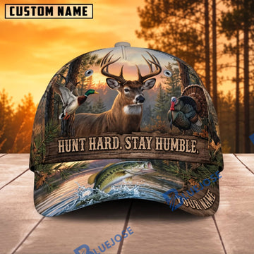 BlueJose Deer Hunting Hunt Hard Stay Mountain Personalized Name 3D Cap