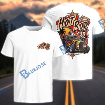BlueJose Personalized Car Hot Rod 32 T-Shirt – Retro Sunset Flame Coupe
