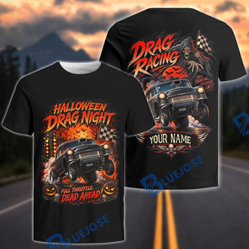 BlueJose Halloween Drag Racing Hot Rod T-Shirt – Full Throttle Dead Ahead Vintage Racing Tee