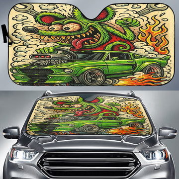 BlueJose Green Monster Hot Rod Sun Shade – Retro Rat Fink-Style Muscle Car Windshield Sunshade