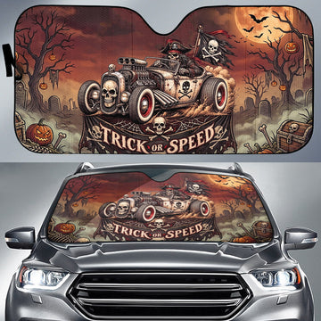 BlueJose Trick or Speed Pirate Skeleton Hot Rod Sun Shade – Halloween Graveyard Windshield Sunshade