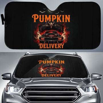 BlueJose Pumpkin Delivery Demon Muscle Car Sun Shade – Halloween Glowing-Eyes Windshield Sunshade
