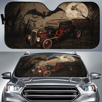 BlueJose Personalized Car Vampire Bat Hot Rod Sun Shade – Full Moon Flame Coupe Windshield Sunshade