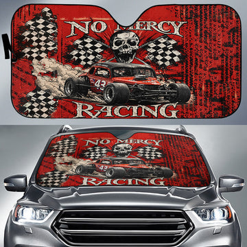 BlueJose No Mercy Racing Skull Sun Shade – Red Grunge Checkered Flag Windshield Sunshade
