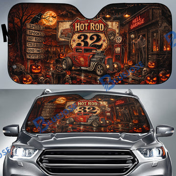 BlueJose Personalized Car Hot Rod 32 Halloween Car Sun Shade – Haunted Hell Garage Red Hot Rod Windshield Sunshade