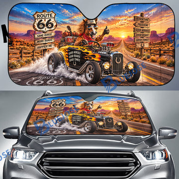 BlueJose Route 66 Horse "Same Horse More Roads" Sun Shade – Desert Road Trip Windshield Sunshade