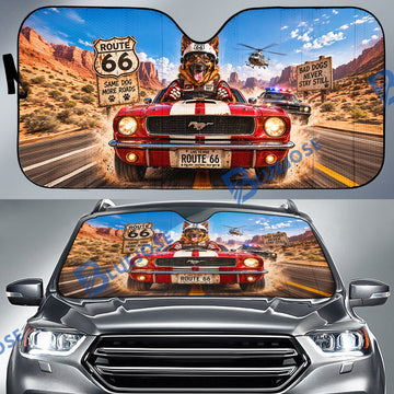 BlueJose Route 66 German Shepherd "Bad Dogs Never Stay Still" Sun Shade – Police Chase Mustang Windshield Sunshade