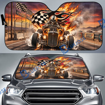 BlueJose Desert Burnout Skeleton Racer Sun Shade – Flaming Hot Rod Windshield Sunshade